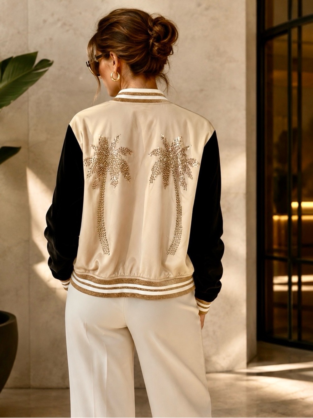 Guess Beige & Black Sequin Palm Bomber Jacket